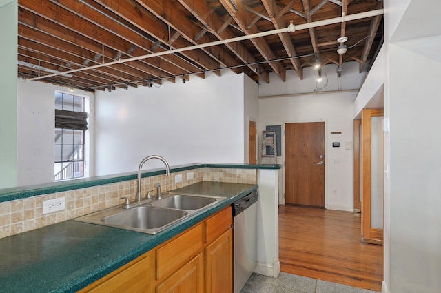 kitchen featuring sink, decorative backsplash, stainless steel dishwasher, and light hardwood / wood-style floors