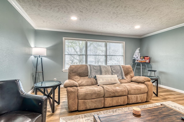 living room featuring light wood-type flooring, crown molding, and a textured ceiling