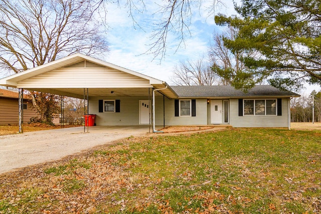 single story home featuring a front lawn and a carport