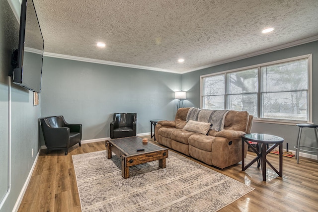 living room with ornamental molding, hardwood / wood-style floors, and a textured ceiling