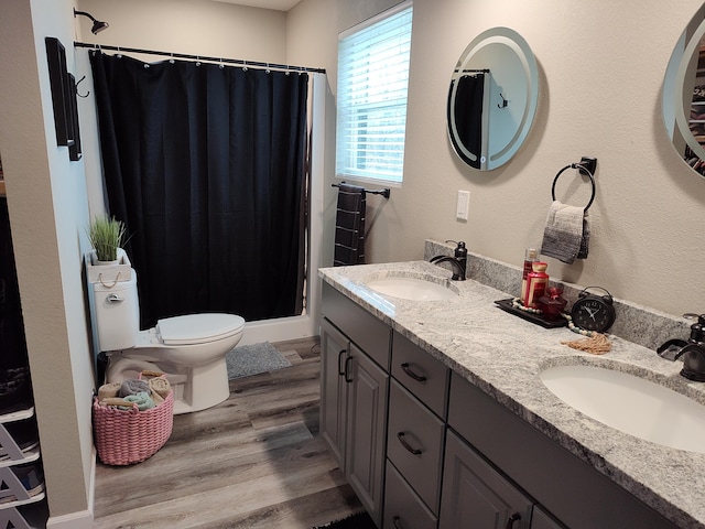 bathroom featuring vanity, curtained shower, toilet, and wood-type flooring