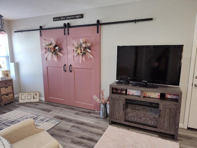 living room featuring a barn door and light hardwood / wood-style floors