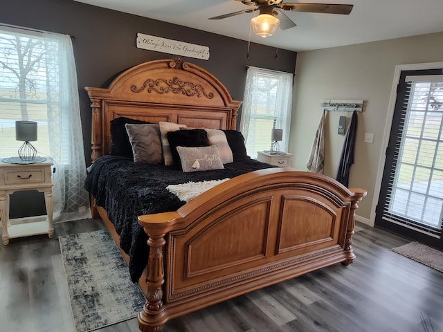 bedroom featuring ceiling fan, dark wood-type flooring, and multiple windows