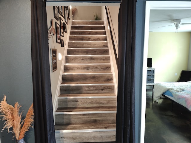 stairs featuring ceiling fan