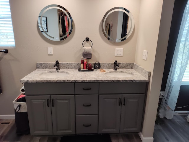 bathroom featuring hardwood / wood-style flooring, a healthy amount of sunlight, and vanity