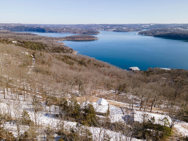 snowy aerial view with a water view