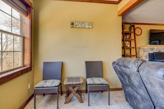 living area with crown molding