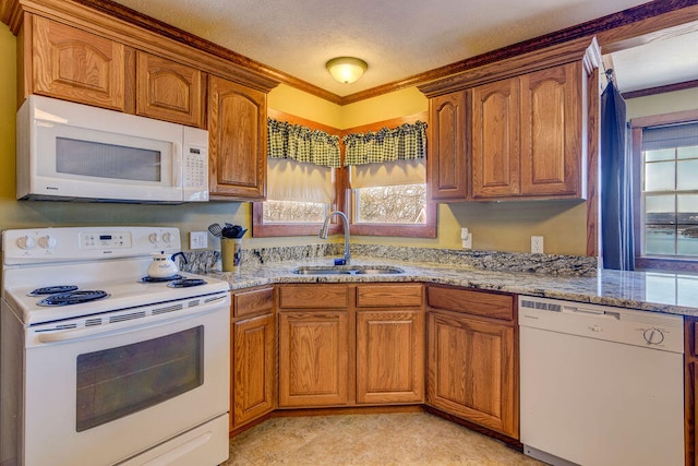 kitchen with ornamental molding, sink, white appliances, and a healthy amount of sunlight