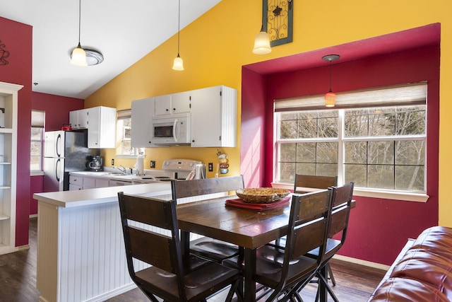 dining space featuring dark hardwood / wood-style floors, high vaulted ceiling, and a wealth of natural light