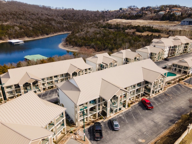 drone / aerial view with a water view