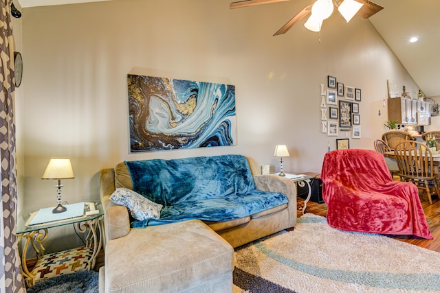 135 Upper Emerald Bay Cir Unit G-13, Hollister, MO 65672 - living room featuring ceiling fan, recessed lighting, and wood finished floors