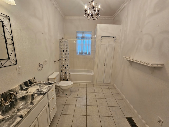 full bathroom with tile patterned flooring, toilet, shower / tub combo with curtain, ornamental molding, and vanity