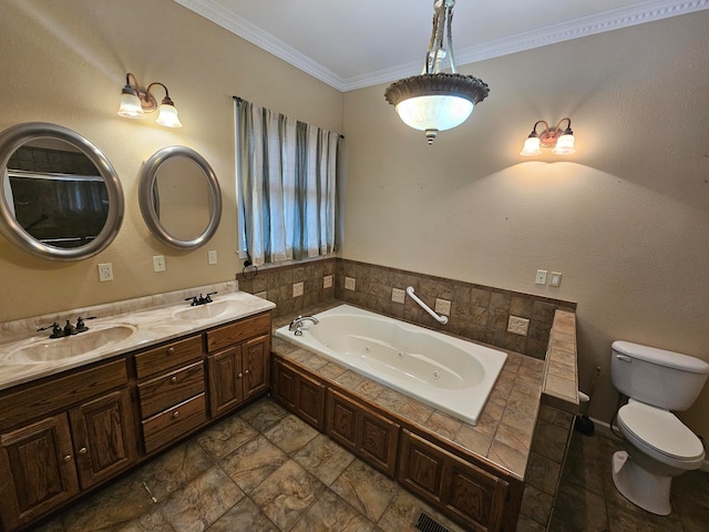 bathroom with ornamental molding, toilet, a bath, and vanity