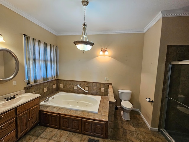 full bathroom with crown molding, toilet, vanity, and shower with separate bathtub