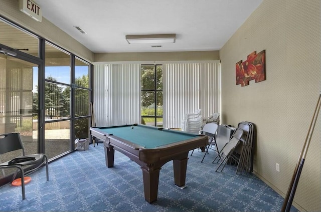 rec room with billiards and carpet flooring