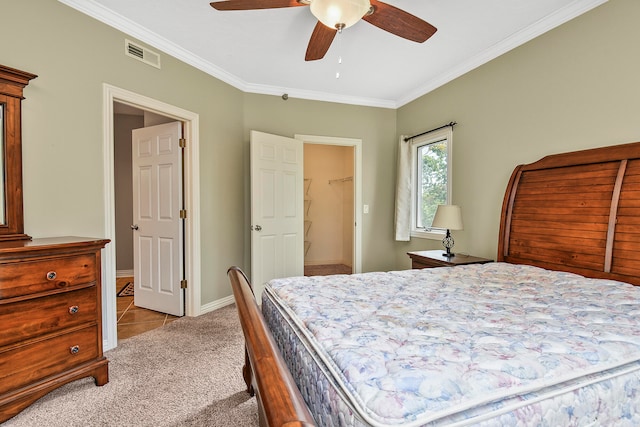 carpeted bedroom featuring ceiling fan, a closet, ornamental molding, and a spacious closet