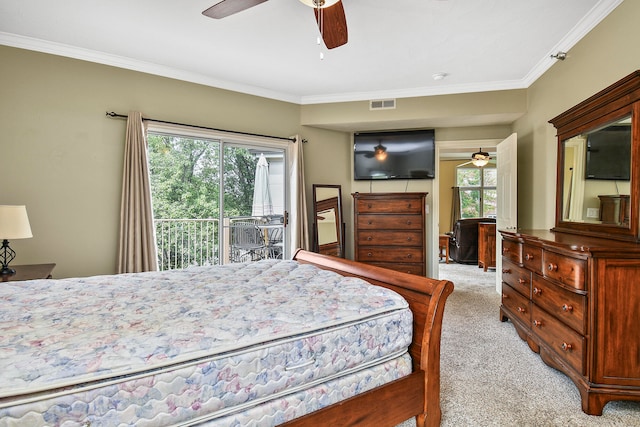 bedroom with ceiling fan, access to outside, crown molding, and light carpet