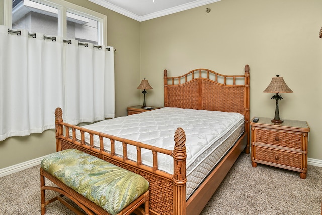 carpeted bedroom featuring crown molding