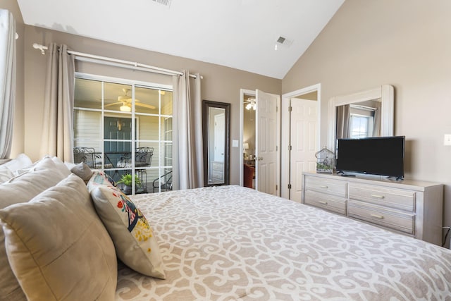 bedroom with access to exterior and high vaulted ceiling