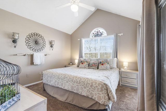 carpeted bedroom featuring vaulted ceiling and ceiling fan