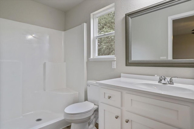 bathroom with vanity, toilet, and a shower