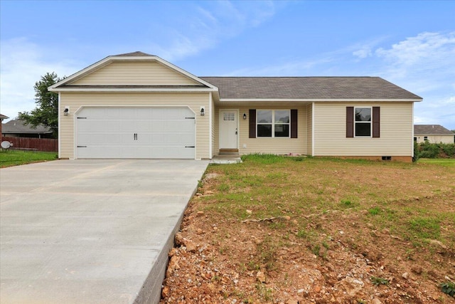 single story home with an attached garage, a front lawn, fence, and driveway