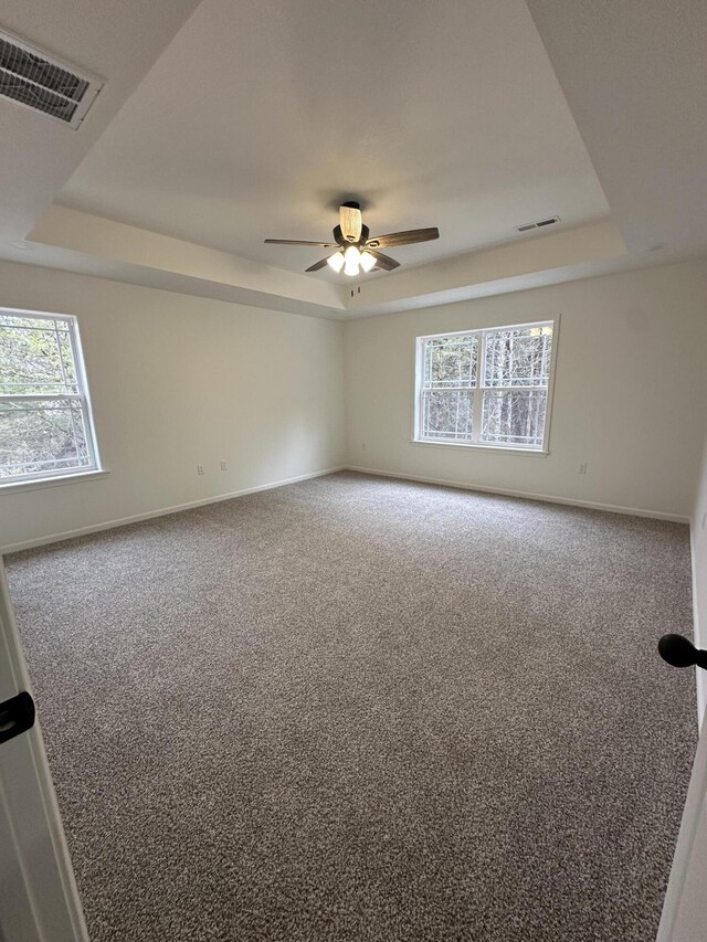 empty room featuring carpet, a tray ceiling, and ceiling fan