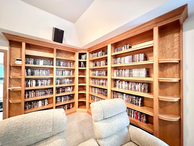 living area featuring vaulted ceiling and carpet