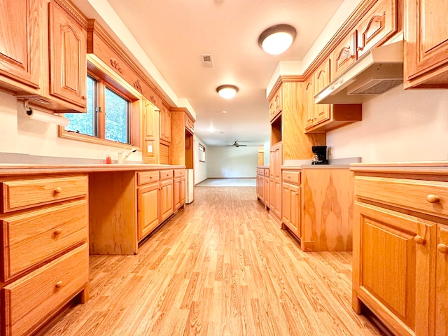 kitchen with ceiling fan and light wood-type flooring