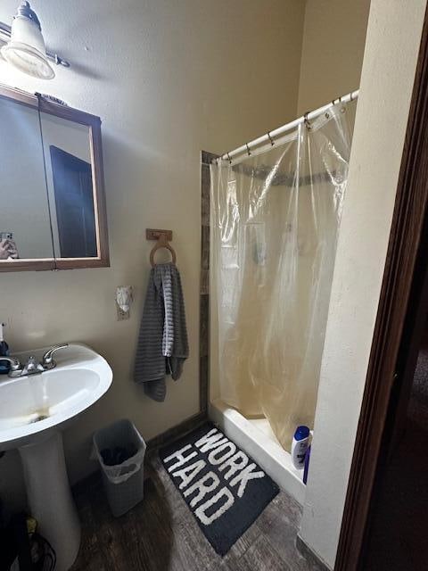 bathroom featuring hardwood / wood-style floors and a shower with shower curtain