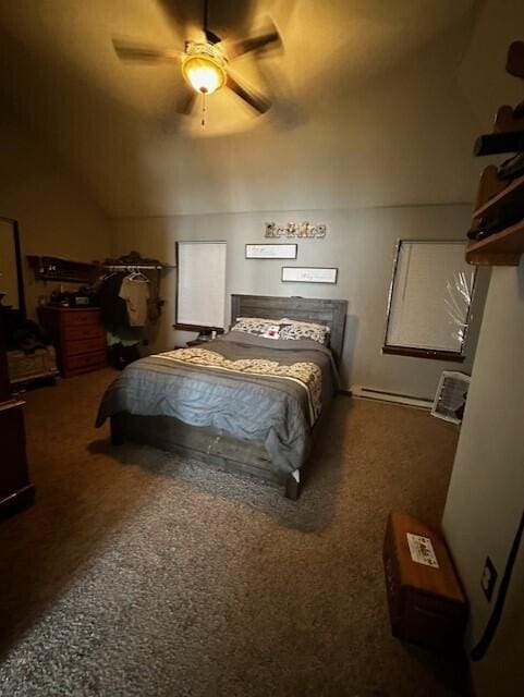 carpeted bedroom featuring lofted ceiling, ceiling fan, and baseboard heating