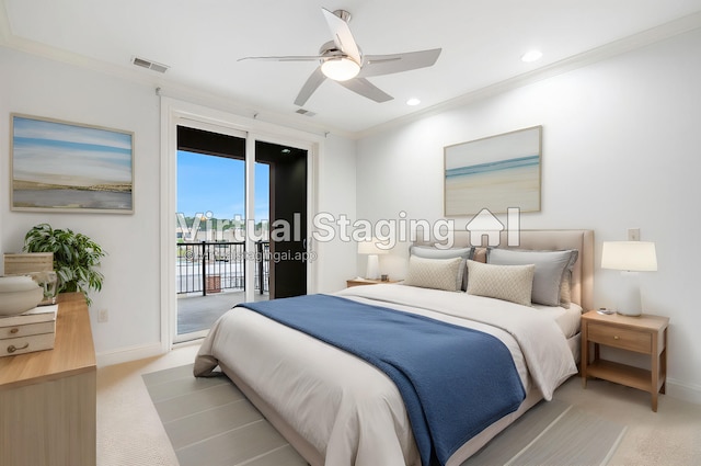 carpeted bedroom featuring ornamental molding, ceiling fan, and access to outside