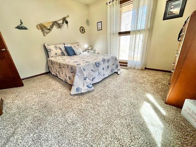 bedroom with light colored carpet