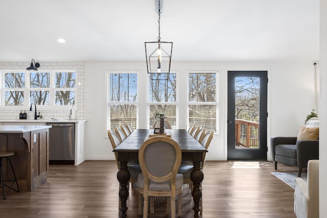 dining space with plenty of natural light and dark hardwood / wood-style floors