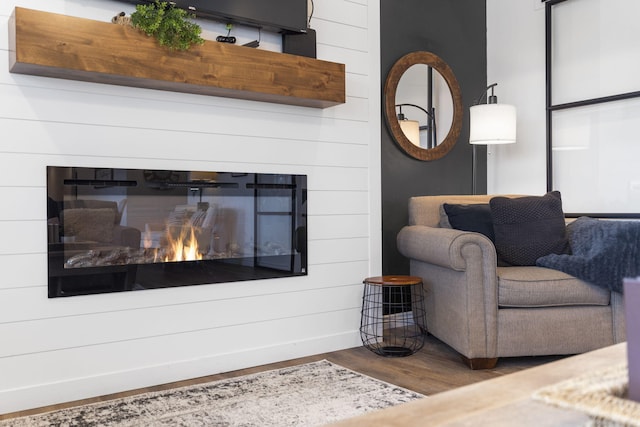 living room featuring dark wood-type flooring