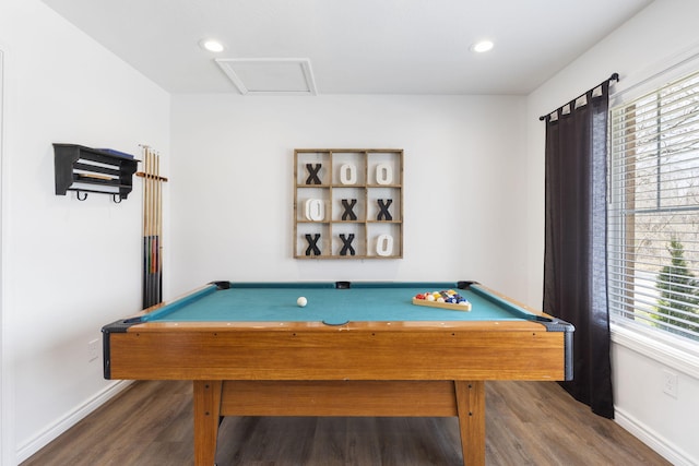 recreation room with billiards, dark hardwood / wood-style flooring, and a wealth of natural light