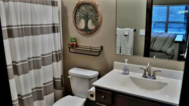 bathroom featuring vanity, toilet, and a shower with curtain