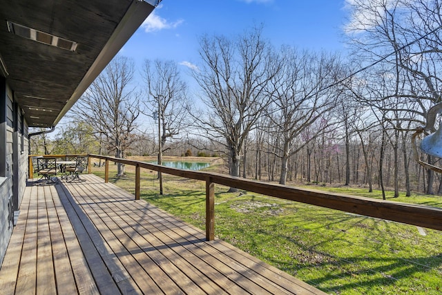 wooden deck featuring a water view and a lawn