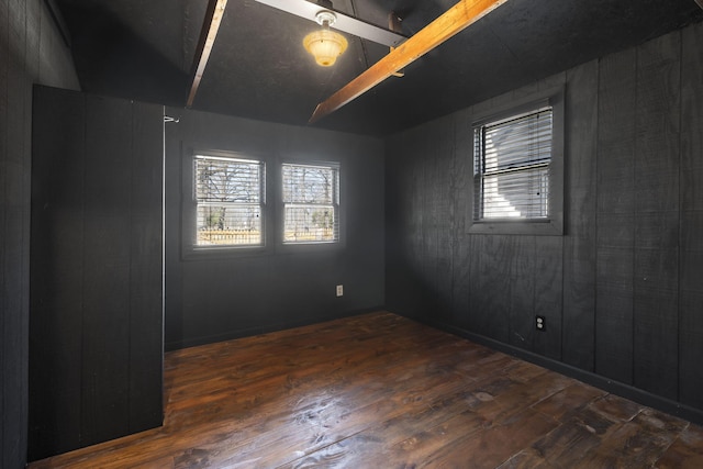 empty room featuring wooden walls and dark hardwood / wood-style flooring