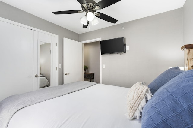 bedroom with ceiling fan and a closet