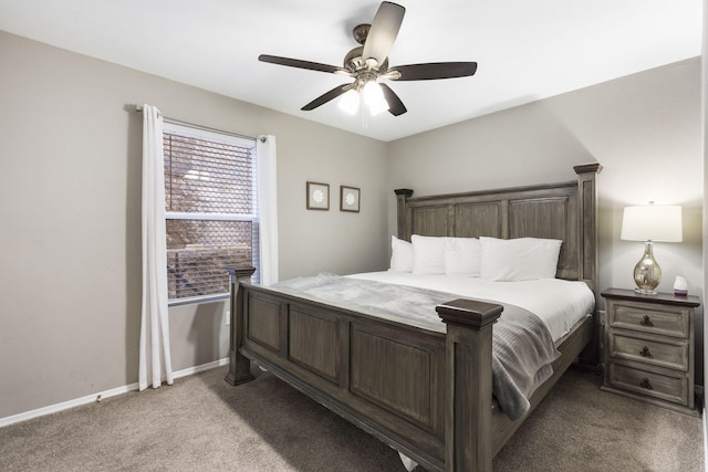 bedroom featuring light carpet and ceiling fan