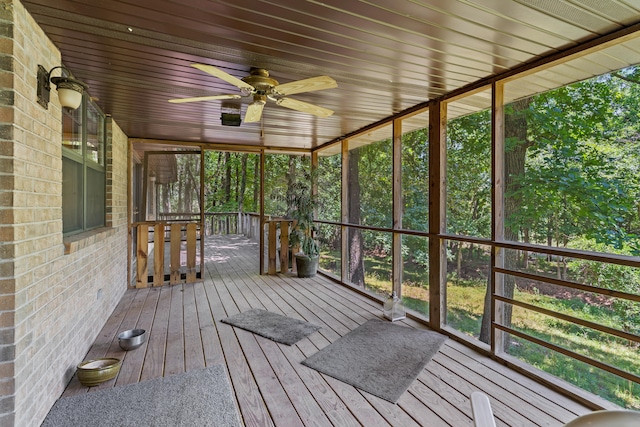 unfurnished sunroom with wood ceiling and ceiling fan