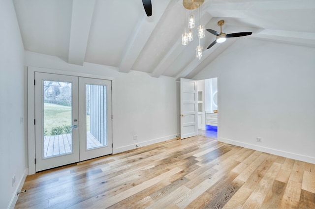 empty room with ceiling fan, french doors, lofted ceiling with beams, and light hardwood / wood-style floors