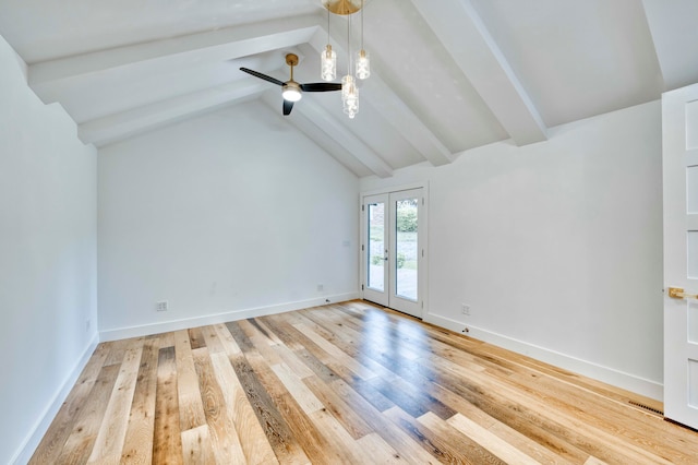 unfurnished room featuring french doors, light hardwood / wood-style floors, lofted ceiling with beams, and ceiling fan