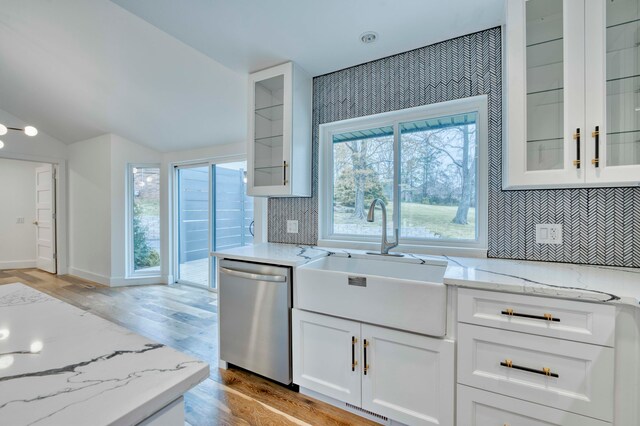 kitchen featuring light wood-type flooring, sink, a healthy amount of sunlight, and stainless steel dishwasher