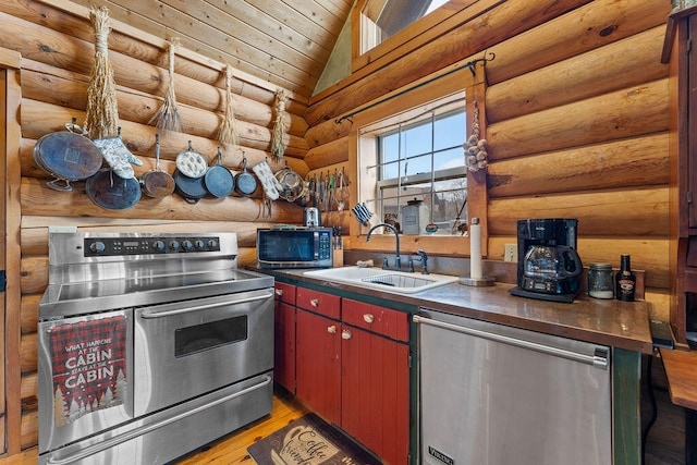 kitchen with lofted ceiling, light wood-type flooring, stainless steel appliances, wooden ceiling, and sink