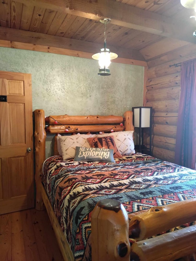 bedroom featuring vaulted ceiling with beams, wood ceiling, rustic walls, and dark hardwood / wood-style flooring