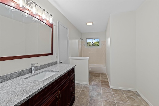 full bathroom featuring tub / shower combination, toilet, tile patterned flooring, and vanity