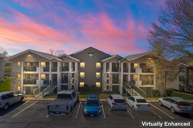 view of outdoor building at dusk