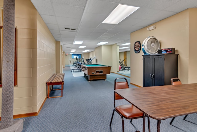 playroom featuring dark colored carpet, a drop ceiling, and pool table